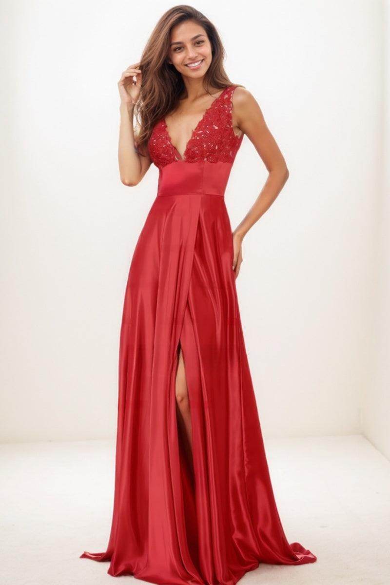 V-Neck A-Line High Split Sweep Train Charmeuse Prom Dresses CS0742 - COCOMELODY